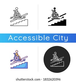 Stair lift icon. Wheelchair platforms and stairlifts for disabled users. Outdoor stair lift elevator. City infrastructure. Linear black and RGB color styles. Isolated vector illustrations
