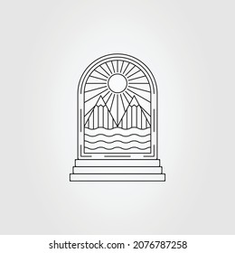stair with mountain, sunset and ocean views line art logo vector illustration design