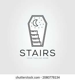 Stair On Coffin Door Line Art Logo Vector Illustration Design. Stairway To Heaven At Night Symbol