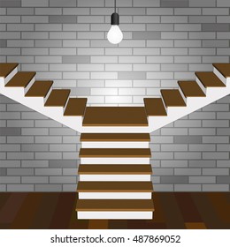 Stair two sides wooden  Gray brick wall   wood floor background and glowing  light bulb  Model room  Vector illustration  