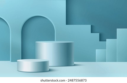 Podio de escalera con decoración de arco en la pared. Interior de estudio turquesa con escenario de exhibición de productos. Vector 3D realista de dos pasos de escaparate de la plataforma del cilindro para la presentación y la publicidad.