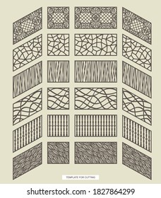 Stair railing set - square, rectangular and diagonal (top to bottom). A gate or fence with a geometric, abstract or floral pattern. Vector template for laser plotter cutting metal, wood, plywood 