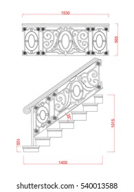 Stair and railing simple vector image black paint with dimension on the white background