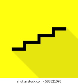 Stair up sign. Black icon with flat style shadow path on yellow background.