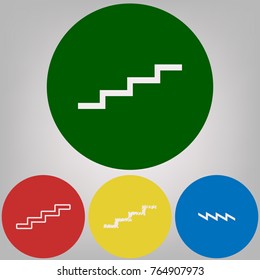 Stair up sign. Vector. 4 white styles of icon at 4 colored circles on light gray background.