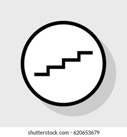 Stair up sign. Vector. Flat black icon in white circle with shadow at gray background.