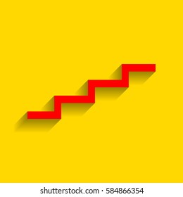Stair up sign. Vector. Red icon with soft shadow on golden background.