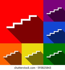 Stair up sign. Vector. Set of icons with flat shadows at red, orange, yellow, green, blue and violet background.