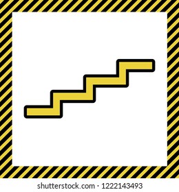 Stair up sign. Vector. Warm yellow icon with black contour in frame named as under construction at white background. Isolated.