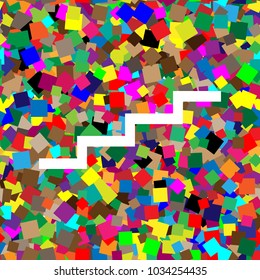 Stair up sign. Vector. White icon on colorful background with seamless pattern from squares.