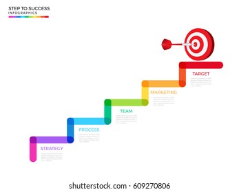 Stair step to dart board target and success concept. Business modern colorful infographics template with icons and elements. Can be used for workflow layout,diagram, web design. Vector Illustration.