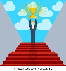 Stair step go to Trophy and success, achievement concept. Business concept, goal achievement, success, winning. Business man holding award cup. Flat style, vector illustration.