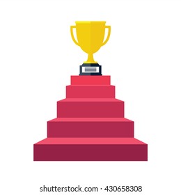 Stair step go to Trophy and success, winning. Flat style, vector