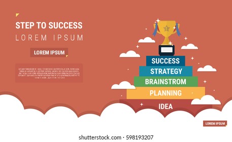 Stair step go to Trophy and success. Staircase to success. Cartoon Vector Illustration.