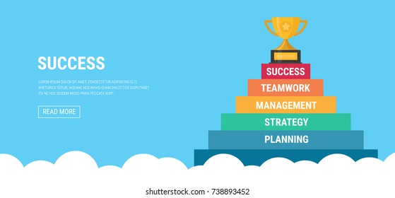 Stair step go to Trophy and success. Staircase to success. Cartoon Vector Illustration.