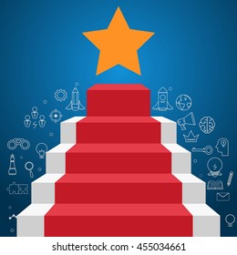 Stair step to star shape with icons and element. Staircase to success. Cartoon Vector Illustration.