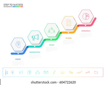 Escalier vers le succès. Modèle d'infographie hexagone de chronologie d'entreprise colorée moderne avec des icônes et des éléments. peut être utilisé pour la mise en page de flux de travail, la bannière, le diagramme, le web design. Illustration vectorielle.