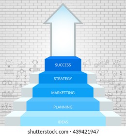 Stair step to success. Staircase with icon and elements to success. Cartoon Vector Illustration.