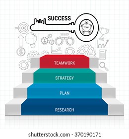 Stair Step With Sucess Key And Icons Set Infographics. Staircase To Success. Can Be Used For Workflow Layout, Banner, Diagram, Web Design, Infographic Template. Cartoon Vector Illustration.