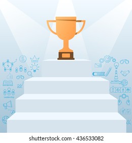 Stair step to Trophy and success with icons and elements. Success concept. Vector Illustration.