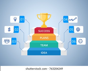 Stair step to Trophy and success infographics template with icons and elements. Staircase to success. Infographics Vector Illustration.

