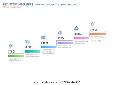 Stair steps, Achievement Ladder, Timeline Infographics template, Startup levels. Business leadership, concept with 6 process steps, Editable stroke