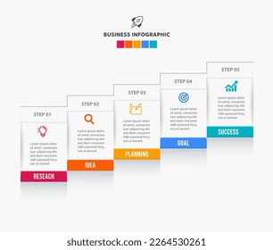 Treppenstufen, Infografik-Design-Vorlage und Marketingsymbole mit 5 Optionen, Teilen, Schritten oder Prozessen,Geschäftskonzept 