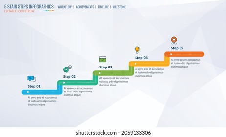 Escalones de grapas, infografías, Escala de logros, plantilla Infografía de línea de tiempo, niveles de inicio, pasos de proceso