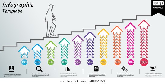 Stair Steps to starting Business Success modern Idea and Concept Vector illustration Infographic template with icon,arrow,Text 10%-100%,people.