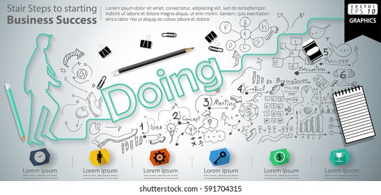 Stair Steps to starting Business Success  modern Idea and Concept Vector illustration Infographic template with Doing text, icon,arrow,number,lined pattern.
