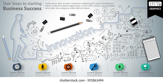 Stair Steps to starting Business Success  modern Idea and Concept Vector illustration Infographic template with Innovation  text, icon,arrow,number,lined pattern.