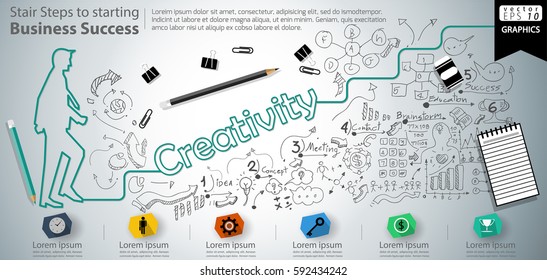 Stair Steps to starting Business Success  modern Idea and Concept Vector illustration Infographic template with Creativity   text, icon,arrow,number,lined pattern.