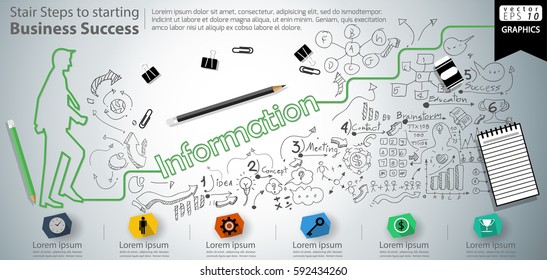 Stair Steps to starting Business Success  modern Idea and Concept Vector illustration Infographic template with Information  text, icon,arrow,number,lined pattern.