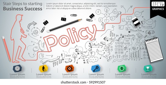 Stair Steps to starting Business Success  modern Idea and Concept Vector illustration Infographic template with Policy  text, icon,arrow,number,lined pattern.