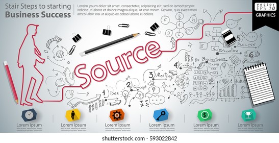 Stair Steps to starting Business Success  modern Idea and Concept Vector illustration Infographic template with Source  text, icon,arrow,number,lined pattern.