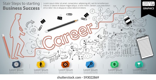 Stair Steps to starting Business Success  modern Idea and Concept Vector illustration Infographic template with Career  text, icon,arrow,number,lined pattern.