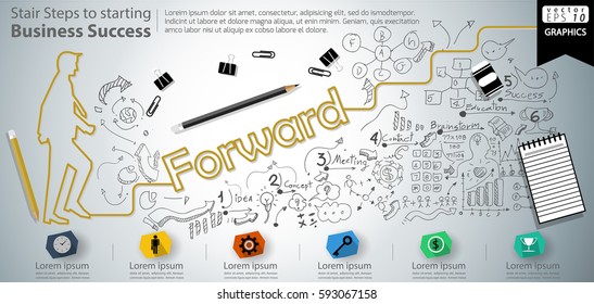 Stair Steps to starting Business Success  modern Idea and Concept Vector illustration Infographic template with Forward  text, icon,arrow,number,lined pattern.