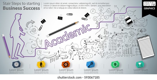 Stair Steps To Starting Business Success  Modern Idea And Concept Vector Illustration Infographic Template With Academic  Text, Icon,arrow,number,lined Pattern.