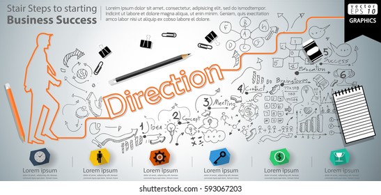 Stair Steps to starting Business Success  modern Idea and Concept Vector illustration Infographic template with Direction  text, icon,arrow,number,lined pattern.