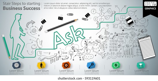 Stair Steps to starting Business Success  modern Idea and Concept Vector illustration Infographic template with Ask  text, icon,arrow,number,lined pattern.