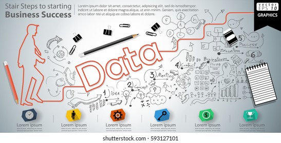 Stair Steps to starting Business Success  modern Idea and Concept Vector illustration Infographic template with Data  text, icon,arrow,number,lined pattern.