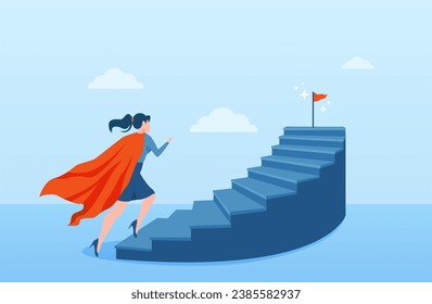 Stair to success, career path to achieve business target concept. Vector of a super hero woman climbing up stairs to reach her ambitions 