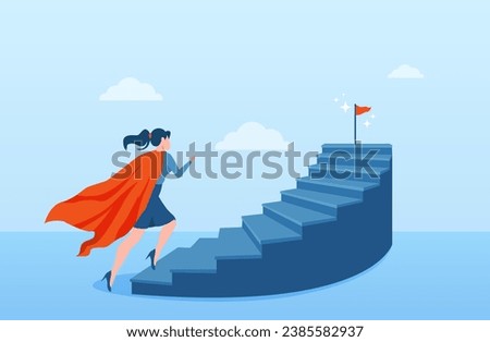 Stair to success, career path to achieve business target concept. Vector of a super hero woman climbing up stairs to reach her ambitions 