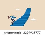 Stair to success, career path or step to achieve business target, ladder of success, improvement or challenge to reach goal, growth or ambition concept, businessman running up stair to reach goal.