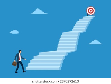 Stair to success, career path or step to achieve business target, ladder of success, improvement or challenge to reach goal, growth or ambition concept. Businessman running up stair to reach goal.