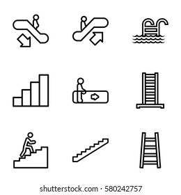 stair vector icons. Set of 9 stair outline icons such as escalator, escalator up, escalator down, ladder, stairs, stair, man climbing stairs