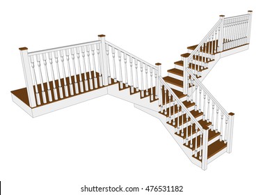 Stair  with white railing side view isolated.  Ladder  Sample with wooden steps for home. Vector illustration.