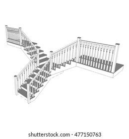 Stair  with white railing side view isolated.  Ladder  Sample with wooden steps. Vector illustration.