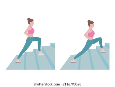 Stair workout: Exercises you can do at every staircase you find.
With Stair Lunge posture. what to do Climb up a flight of steps, taking two steps with each lunge. vector illustration in cartoon style