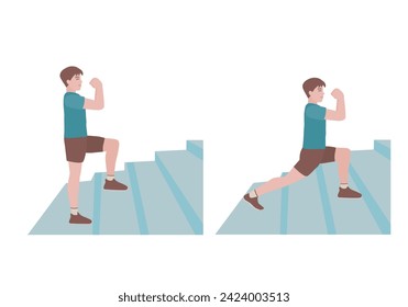 Stair workout: Exercises you can do at every staircase you find.
With Stair Lunge posture. what to do Climb up a flight of steps, taking two steps with each lunge. vector illustration in cartoon style